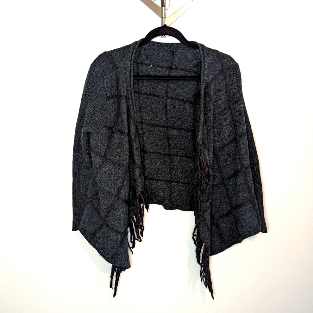 Opening Ceremony Open Front Cardigan with Fringe Windowpane Print